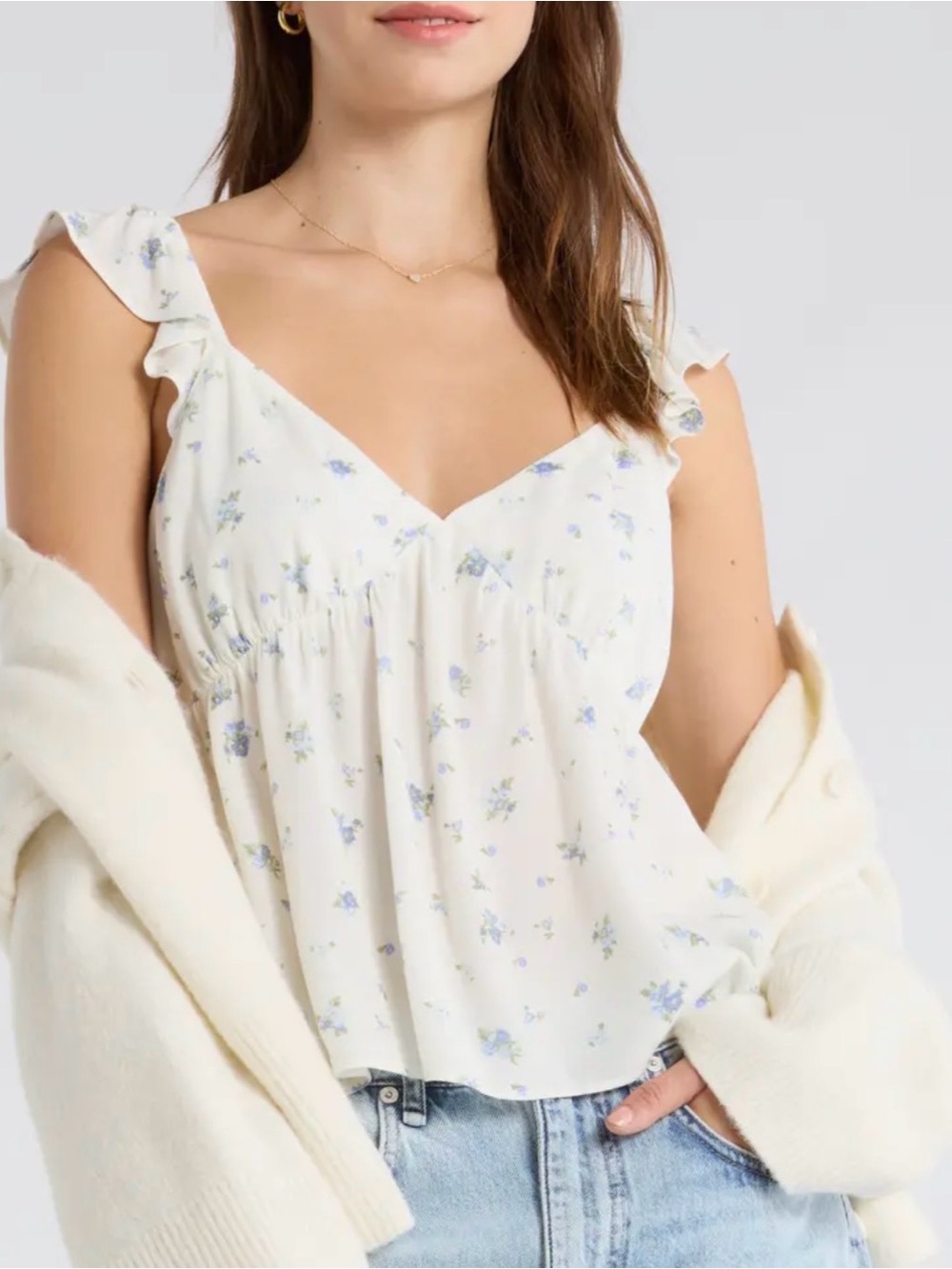 NWT Abound White Floral Flutter Sleeve Babydoll Top Blouse Cottagecore Large L